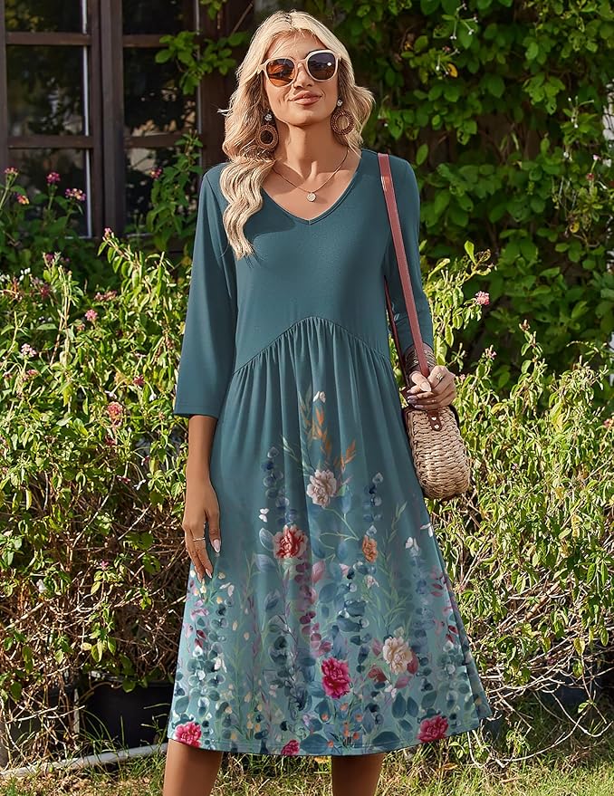 ZEAGOO 3/4 Sleeve Women's Dress Casual Flowy A-Line Midi Tshirt Dresses with Pocket Empire Waist Summer Boho Beach Sundress