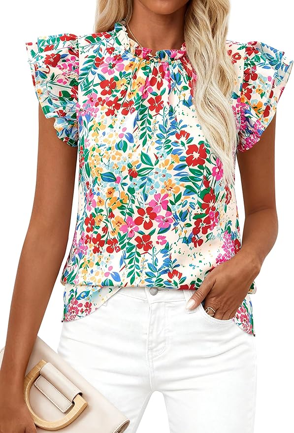 PRETTYGARDEN Women's Ruffle Short Sleeve Summer Tops 2026 Trendy Floral Trim Neck Casual Dressy Chiffon Boho Blouses Shirts