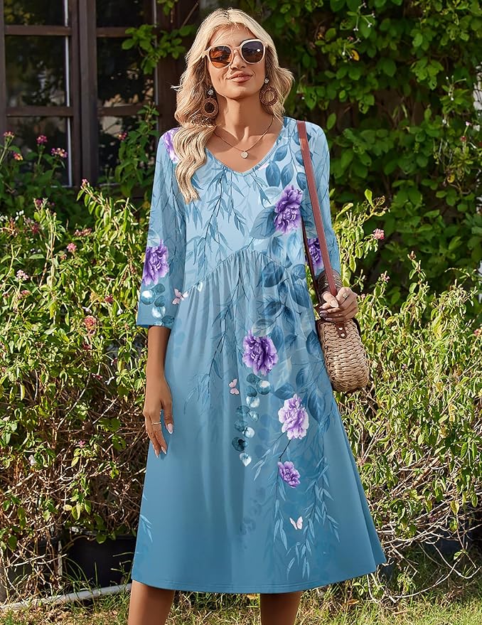 ZEAGOO 3/4 Sleeve Women's Dress Casual Flowy A-Line Midi Tshirt Dresses with Pocket Empire Waist Summer Boho Beach Sundress