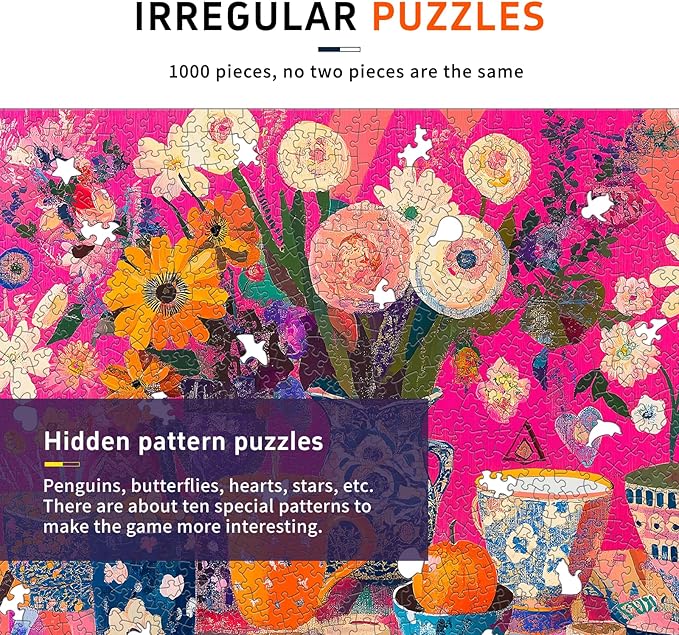 Naturelish Puzzles for Adults 1000 Pieces - Flowers Art: Difficult Challenging Unique Jigsaw Puzzle for Adults, Gift for Women, 6-Color-Zone on Back Puzzles