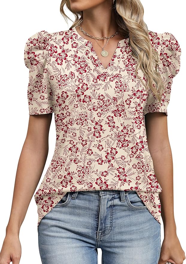 Lomon Spring Summer Tops for Women 2026 V Neck Puff Short Sleeve Tops Fashion Trendy Work Blouses Dressy Casual S-XXL