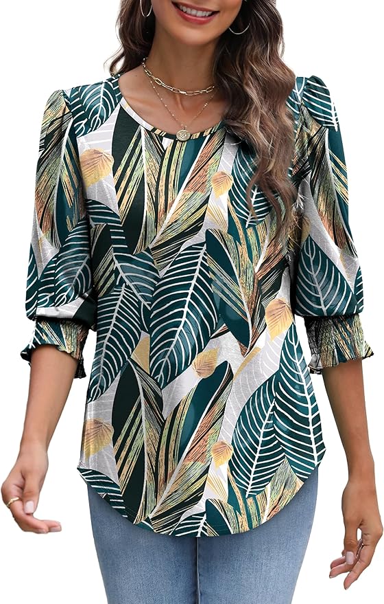 XIEERDUO Blouses for Women Dressy Casual 3/4 Length Sleeve Womens Tops with Smocked Cuffs