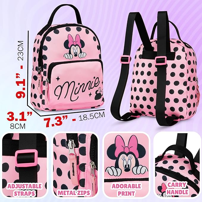 Get Trend Disney Minnie Mouse Mini Backpack for Girls Toddlers 9x7” Travel Bag Cute Bag for Daycare Trips Vacation Fashion Gifts for Girls (Pink Minnie Mouse)