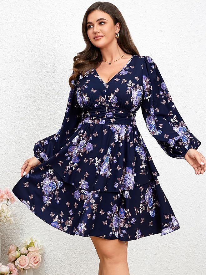 RWJ Plus Size Dresses for Curvy Women V Neck Long Sleeve Elastic Waist Fall Wedding Guest Layer Casual Mini Dress
