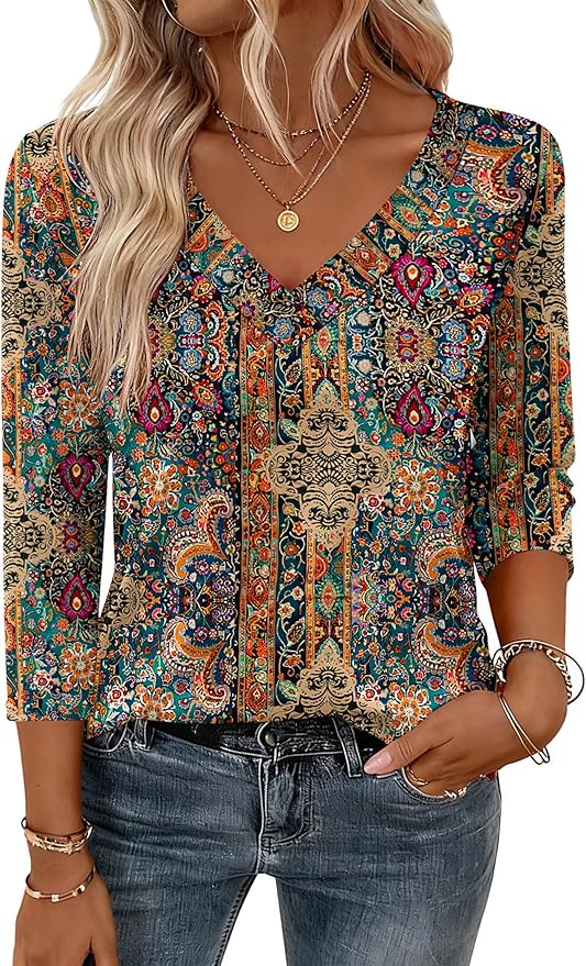 Zeagoo 3/4 Length Sleeve Womens Tops V Neck Shirt Dressy Casual Blouse Basic Tshirts 2026 Fashion Clothing S-2XL