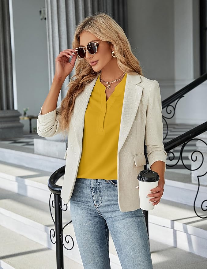 Blooming Jelly Women's Dressy Casual Tops Business Work Blouses White Button Down Shirts Cap Sleeve V Neck Tshirt