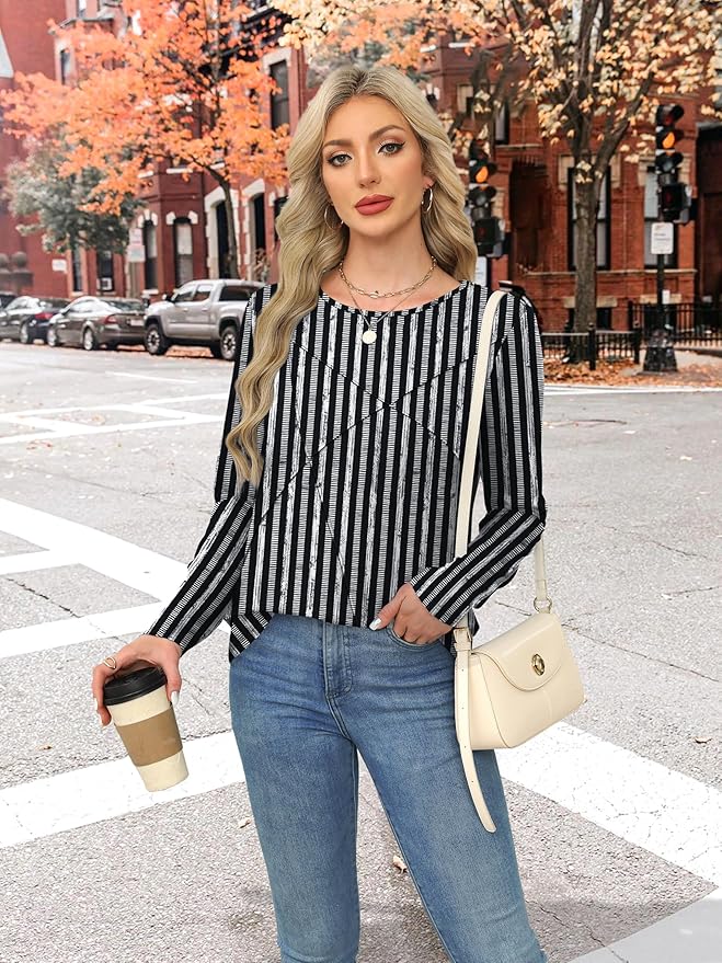 XIEERDUO Long Sleeve Shirts for Women Business Casual Tops Trendy Crewneck Fall T Shirts Pleated Loose Fit