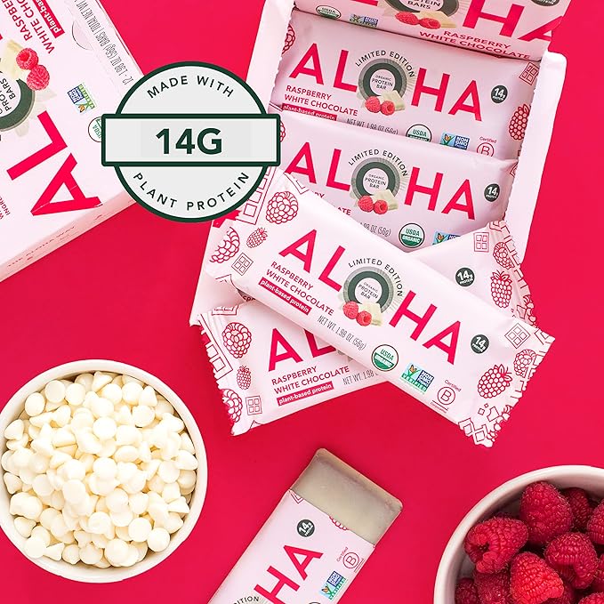 ALOHA Organic Plant Based Protein Bars | Raspberry White Chocolate | 12 Count, 1.98oz Bars | Vegan, Low Sugar, Gluten Free, Paleo, Low Carb, Non-GMO, Stevia Free, Soy Free, No Sugar Alcohol Sweeteners: LIMITED EDITION