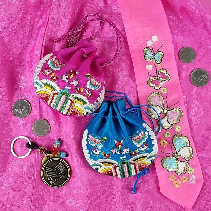 Seoulful Vintage Korean Embroidered Bokjumeoni - Traditional Lucky Pouch - Hanbok Fortune New Year's Gifts Bag (Pink)