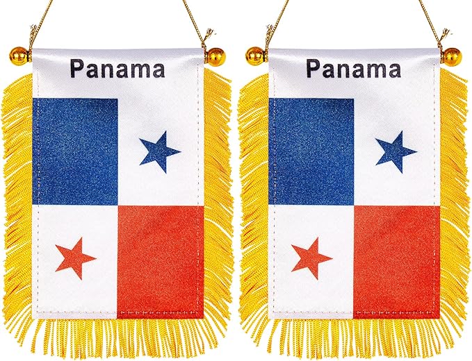 ZXvZYT 3 X 5 Inch Panama Window Hanging Flag Panamanian Small Mini Car Flags Banners Rearview Mirror Decoration - with Suction Cup & Golden Fringy Banner(2 Pack)