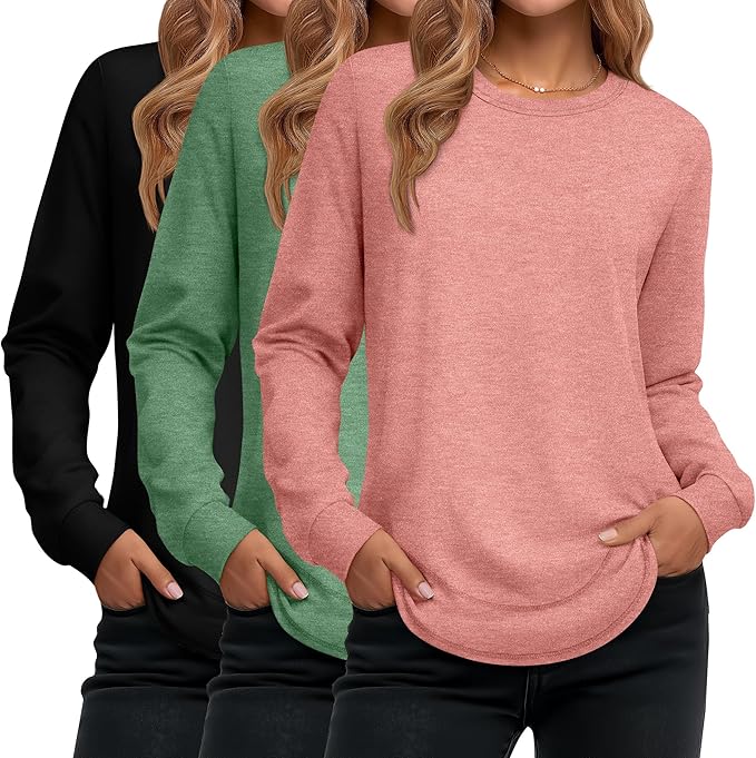 Ficerd 3 Pack Women's Long Sleeve Shirts, Cotton Crew Neck Tunic Tops Casual Loose Fit Pullover Sweatshirts Curved Hem Shirts