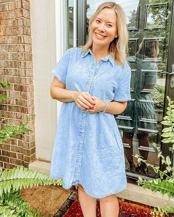 LookbookStore Women's Short Sleeve Button Down Flowy Tiered Babydoll Denim Dress