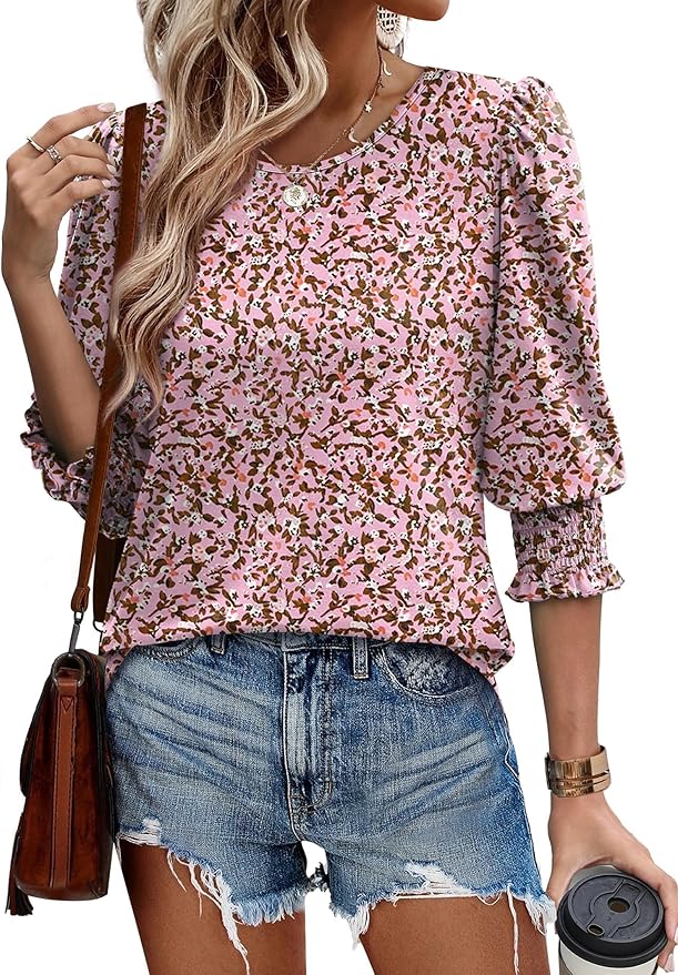 XIEERDUO Blouses for Women Dressy Casual 3/4 Length Sleeve Womens Tops with Smocked Cuffs