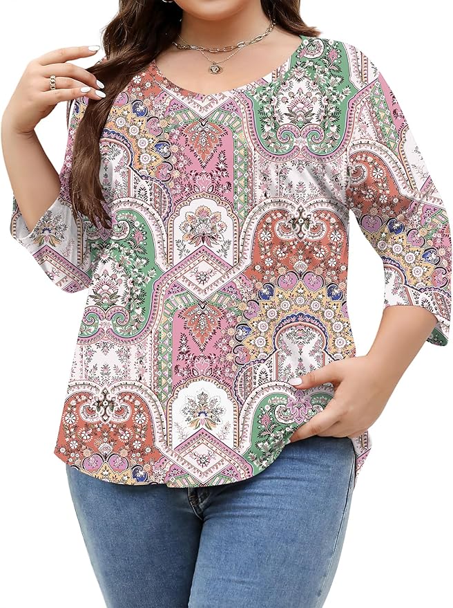 TFSDOD Womens Plus Size Tops V Neck T Shirts 3/4 Sleeve Blouse Summer Casual Tees XL-5X