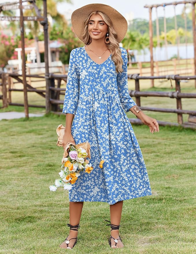 ZEAGOO 3/4 Sleeve Women's Dress Casual Flowy A-Line Midi Tshirt Dresses with Pocket Empire Waist Summer Boho Beach Sundress