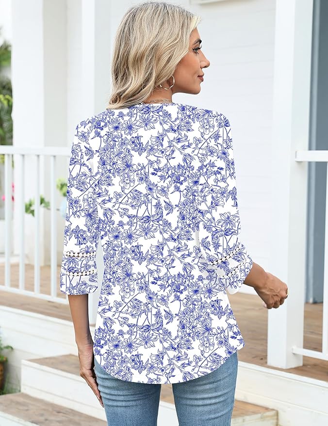 Ivicoer 3/4 Length Sleeve Womens Tops V Neck Lace Embroidered Summer Blouses Loose Fit Tunic Dressy Casual