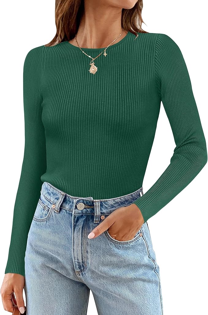 ZESICA Women's Long Sleeve Crewneck Shirts 2026 Fall Ribbed Knit Sweater Slim Fitted Casual Basic Tee Tops