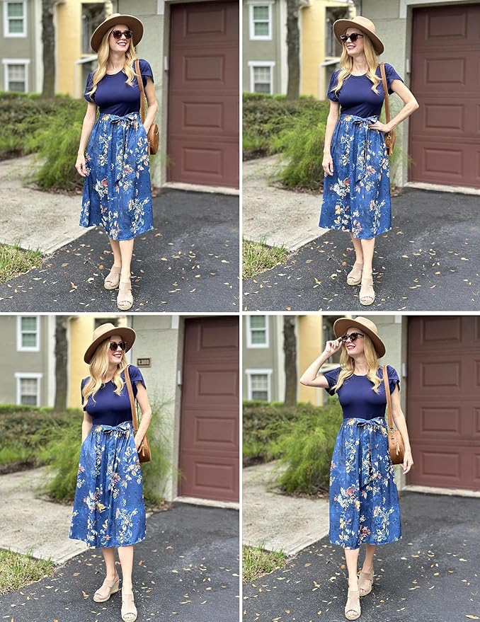 Zeagoo Womens Midi Dress Summer Short Sleeve Dress with Pockets 2025 Casual Floral T-Shirt Dress Flowy Beach Sundress