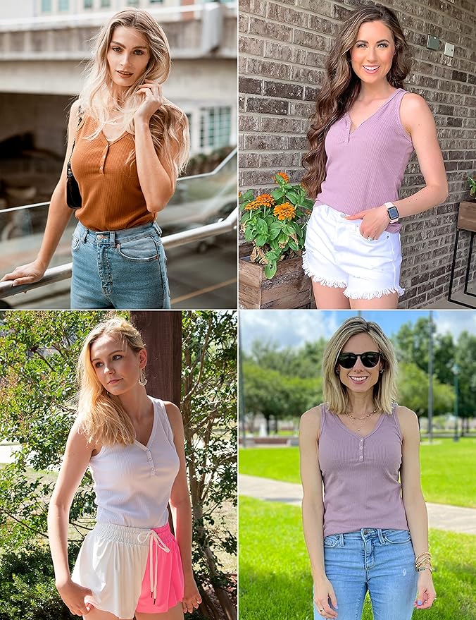 MEROKEETY Women's 2026 Summer Sleeveless Tank Tops V Neck Ribbed Dressy Casual Henley Shirts Button Loose Cami Tees