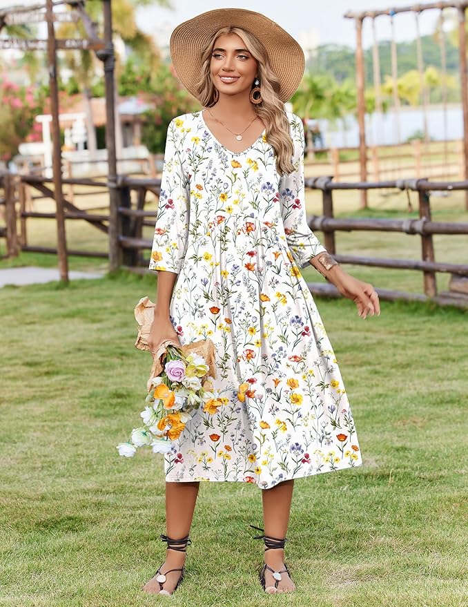 ZEAGOO 3/4 Sleeve Women's Dress Casual Flowy A-Line Midi Tshirt Dresses with Pocket Empire Waist Summer Boho Beach Sundress