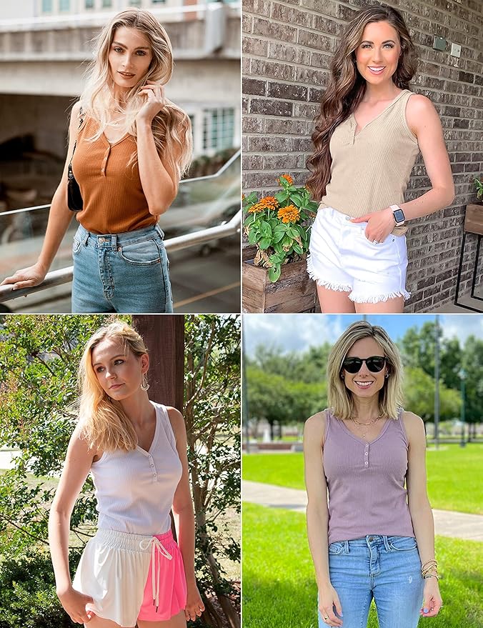 MEROKEETY Women's 2026 Summer Sleeveless Tank Tops V Neck Ribbed Dressy Casual Henley Shirts Button Loose Cami Tees