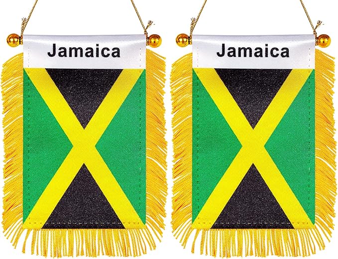 ZXvZYT 3 X 5 Inch Jamaica Window Hanging Flag Jamaican Small Mini Car Flags Banners Rearview Mirror Decoration - with Suction Cup & Golden Fringy Banner(2 Pack)