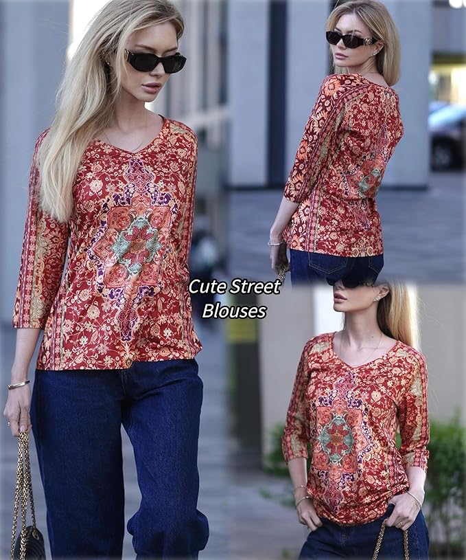 Zeagoo 3/4 Length Sleeve Womens Tops Casual V Neck Shirts Soft Basic Tees Business Work Blouses