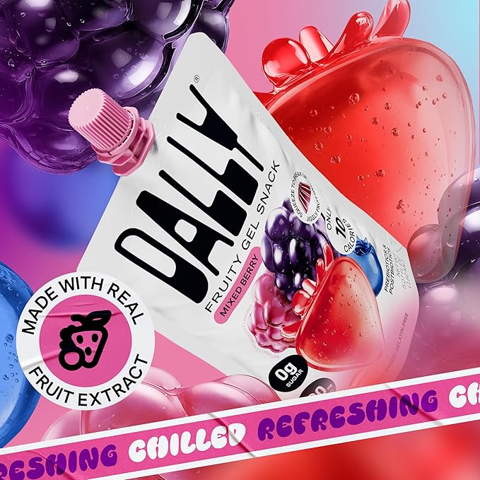 DALLY Mixed Berry Konjac Jelly Pouch (10 Pack) - Plant Based, Zero Sugar, Low-Calorie Jellified Fruit Snack - Vitamin C & Prebiotic Postbiotic Blend - Konjac Jelly Snack for Skin & Weight Management