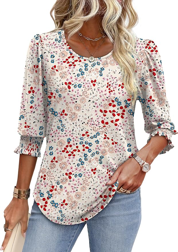 XIEERDUO Blouses for Women Dressy Casual 3/4 Length Sleeve Womens Tops with Smocked Cuffs