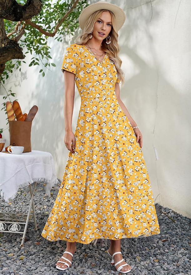 AUSELILY Maxi Dresses for Women Ankle Length Floral Print Beach Long Flowy Dress with Pockets