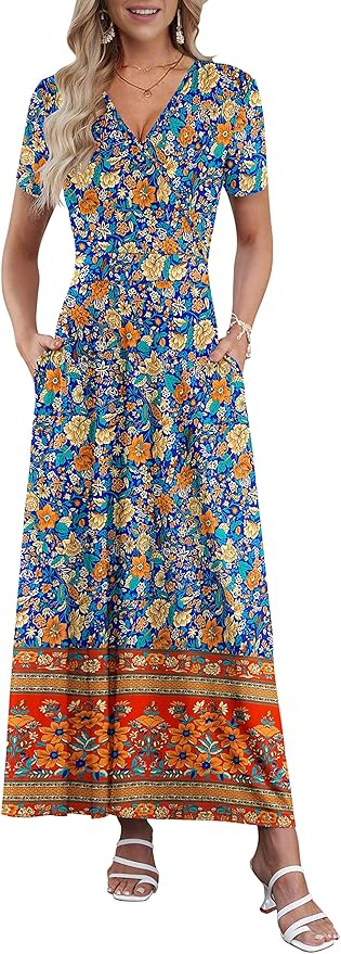 AUSELILY Maxi Dresses for Women Ankle Length Floral Print Beach Long Flowy Dress with Pockets