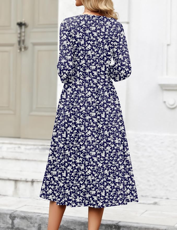 Zeagoo 3/4 Sleeve Women's Dress Casual Flowy A-Line Midi Tshirt Dresses with Pockets Crewneck Vocation Boho Beach Sundress