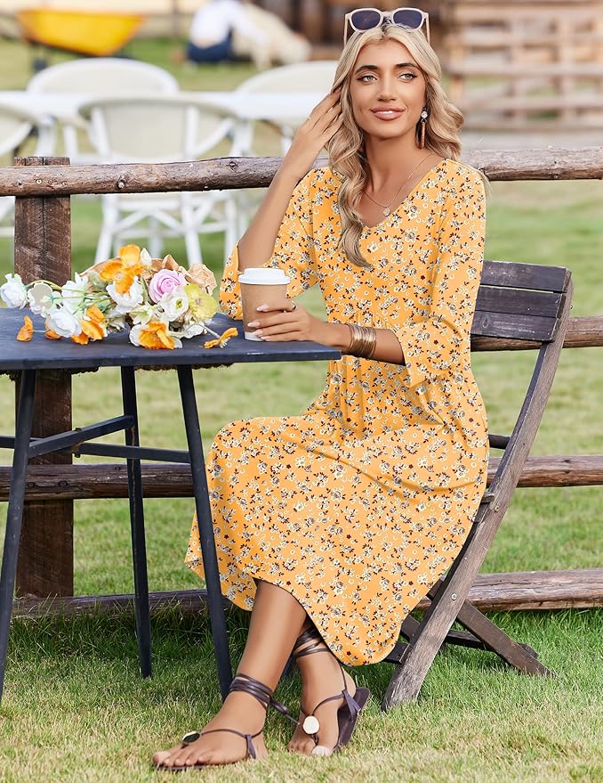 ZEAGOO 3/4 Sleeve Women's Dress Casual Flowy A-Line Midi Tshirt Dresses with Pocket Empire Waist Summer Boho Beach Sundress