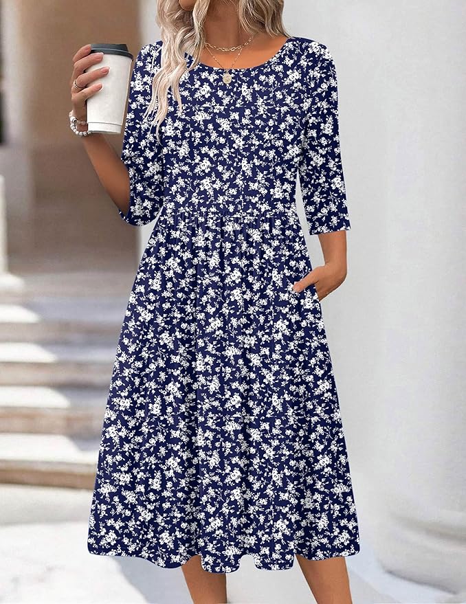 Zeagoo 3/4 Sleeve Women's Dress Casual Flowy A-Line Midi Tshirt Dresses with Pockets Crewneck Vocation Boho Beach Sundress