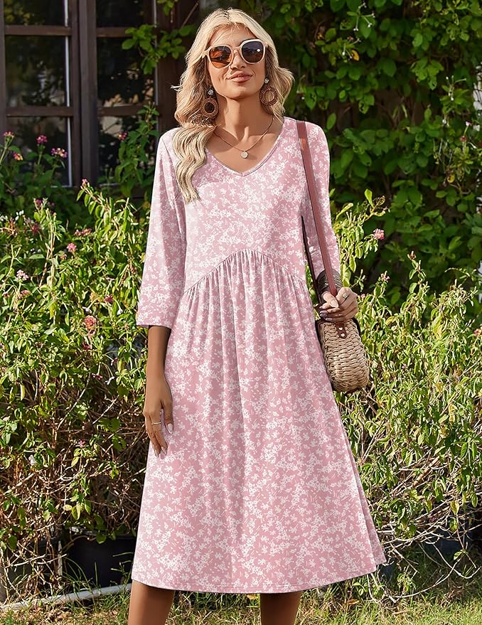 ZEAGOO 3/4 Sleeve Women's Dress Casual Flowy A-Line Midi Tshirt Dresses with Pocket Empire Waist Summer Boho Beach Sundress