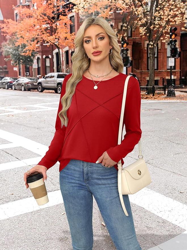 XIEERDUO Long Sleeve Shirts for Women Business Casual Tops Trendy Crewneck Fall T Shirts Pleated Loose Fit