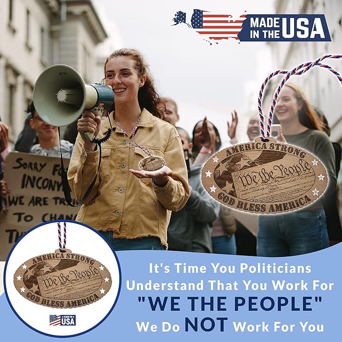 Jolette Designs US Constitutional Ornament - We The People Patriotic Accessory - American Christmas Ornaments - Wooden Circle Ornaments for Home, Car - Unique Decorations with Natural Wood Finish