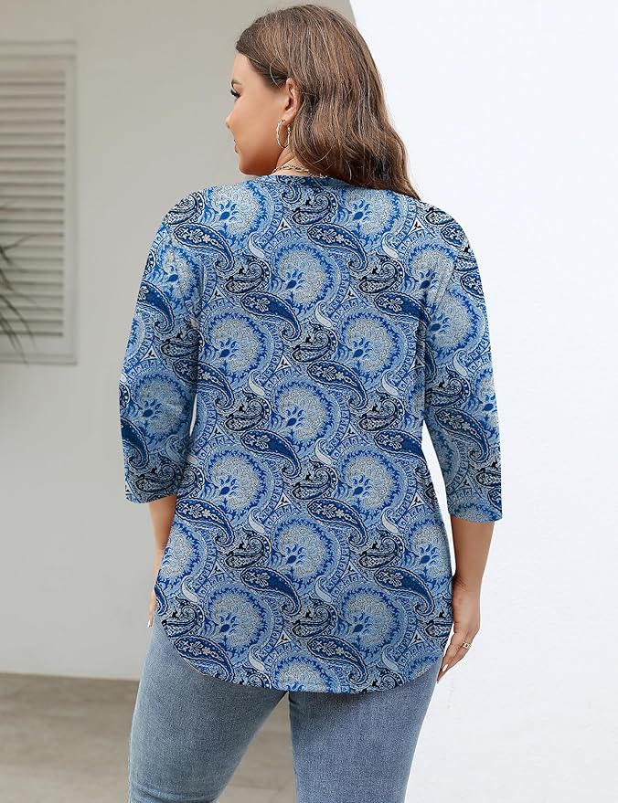 TFSDOD Womens Plus Size Tops V Neck T Shirts 3/4 Sleeve Blouse Summer Casual Tees XL-5X