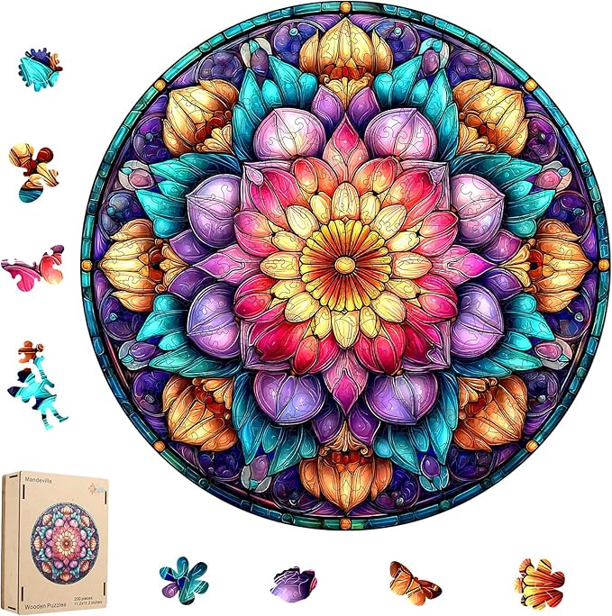 MEATRN Mandala Flowers Wooden Puzzles for Adults - 200 Pcs, 11.2x11.2 in, Fun Educational Wood Jigsaw Puzzle, Relaxing Wood Puzzle Game for Family & Friends Birthday Gift