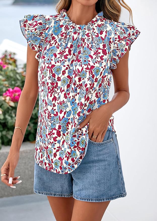 PRETTYGARDEN Women's Ruffle Short Sleeve Summer Tops 2026 Trendy Floral Trim Neck Casual Dressy Chiffon Boho Blouses Shirts