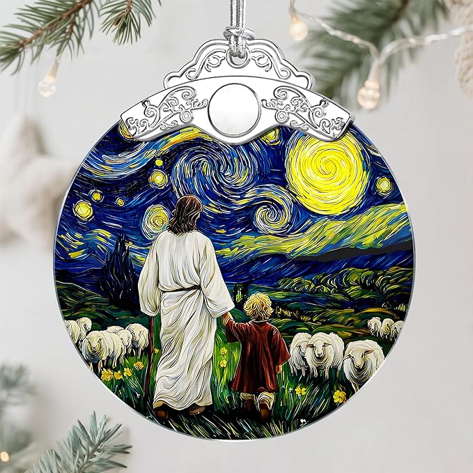 Jesus & Child Starry Night Stained Glass Ornament – Religious Christmas Ornament, Christian Christmas Decoration, Religious Gifts for Her or Him, Gifts for Christians, Friends or Loved Ones