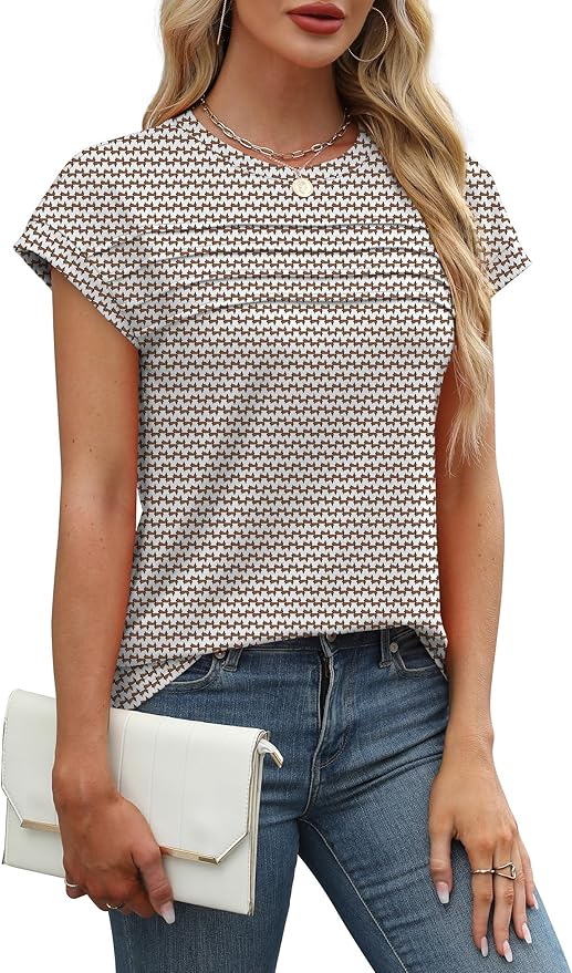 WEESO Womens Summer Tops Trendy 2026 Cap Sleeve T Shirts Crew Neck Pleated Front Beach Vacation Clothes Fashion