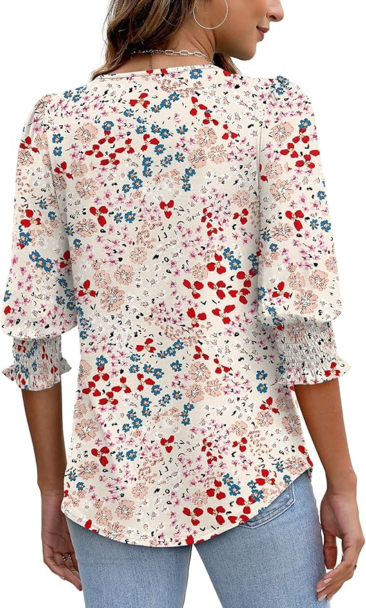 XIEERDUO Blouses for Women Dressy Casual 3/4 Length Sleeve Womens Tops with Smocked Cuffs