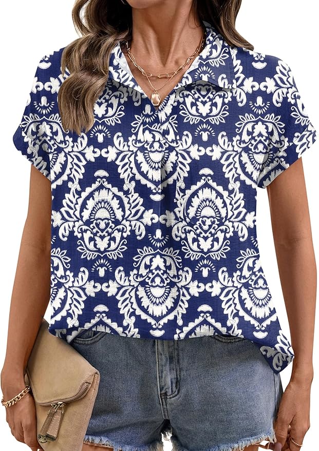 LOMON Women Blouses Spring Summer Tops for Women 2026 Short Sleeve V Neck Dressy Casual Collared Shirts Work Office
