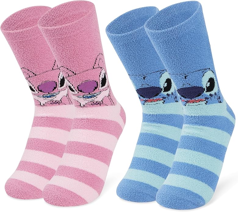 Disney Slippers Socks for Women & Teens US Size 4-9, Pack of 2 Non Slip Fleece Winter Socks, Soft & Fluffy, Gifts for Her