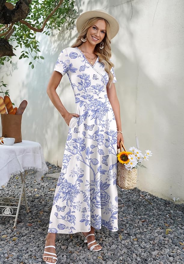 AUSELILY Maxi Dresses for Women Ankle Length Floral Print Beach Long Flowy Dress with Pockets