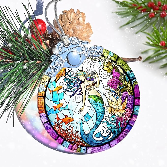 Jocidea Mermaid Stained Glass Ornament - Christmas Tree Decor, Mermaid Gifts & Holiday Xmas Gifts Ideas