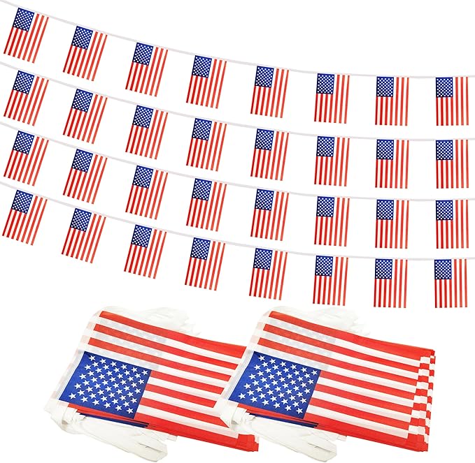 Yamiuo 100 Feet USA String Flag, 76 Pcs American Banner Flag, Small Mini World Banner Flags for Sports Events, Bars Decorations, School Festivals, Party Decorations, Celebrations (USA)