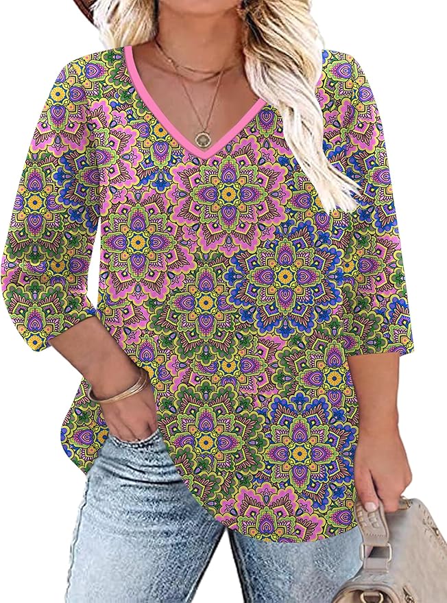 TFSDOD Womens Plus Size Tops V Neck T Shirts 3/4 Sleeve Blouse Summer Casual Tees XL-5X