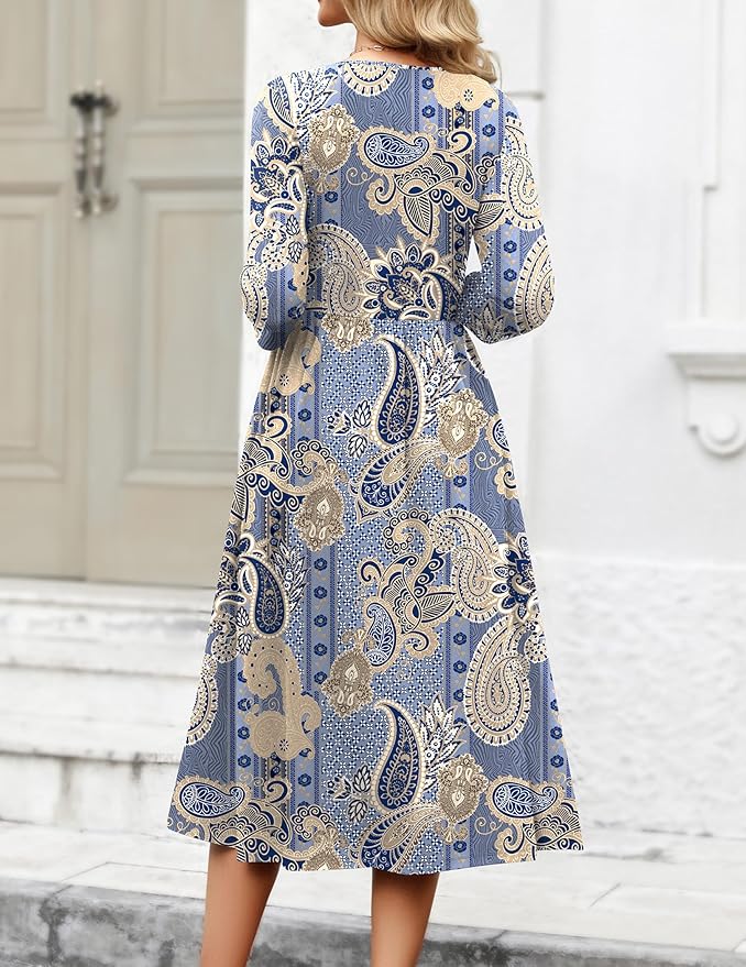 Zeagoo 3/4 Sleeve Women's Dress Casual Flowy A-Line Midi Tshirt Dresses with Pockets Crewneck Vocation Boho Beach Sundress